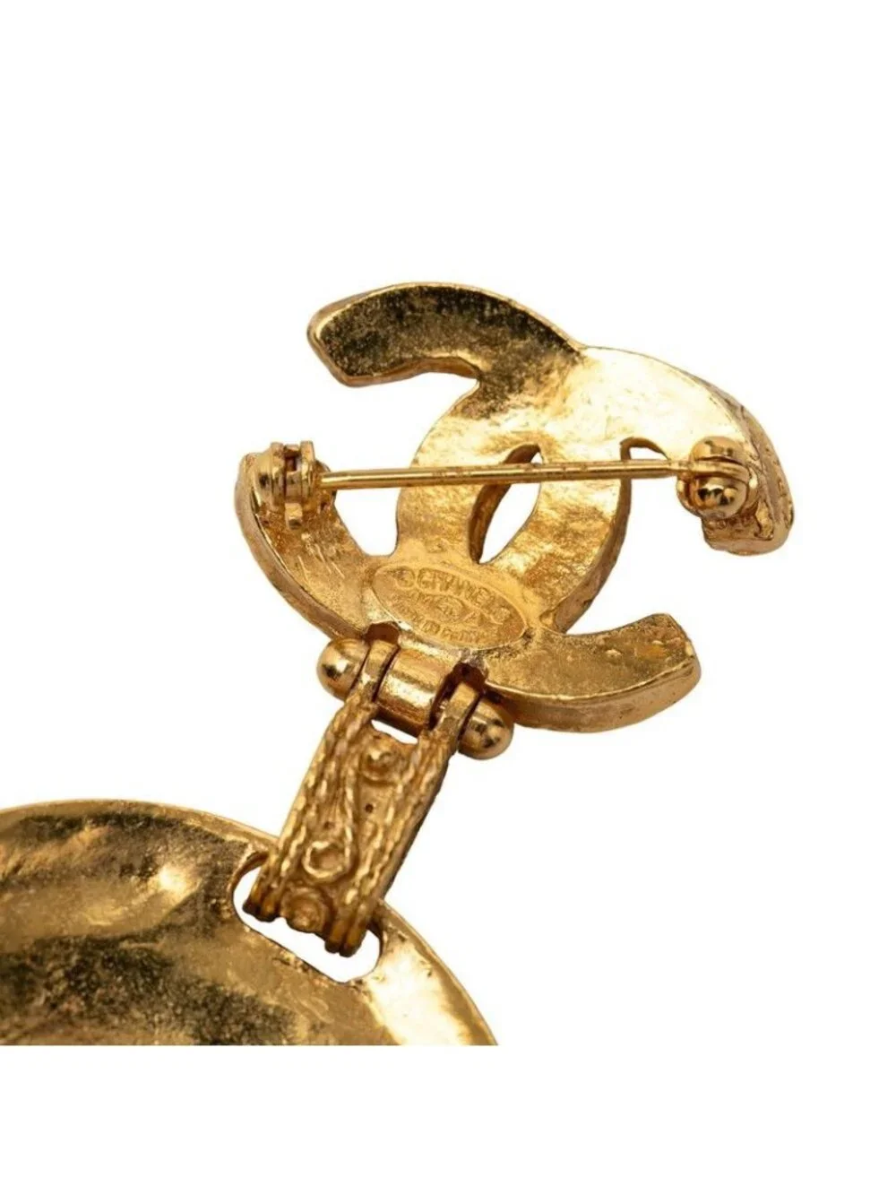 Chanel CC Logo Gripoix Round Brooch 04 Gold Red Plated Glass